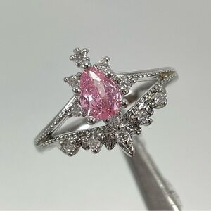 Rings Women’s Jewelry Pear Cut Crown Pink Diamond CZ Silver Plated Statement
